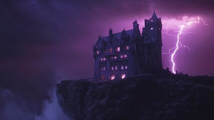 Obraz premium Mysterious Castle on Cliff Under Lightning Storm
