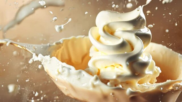 Vanilla ice cream with whipped cream and flying splashes