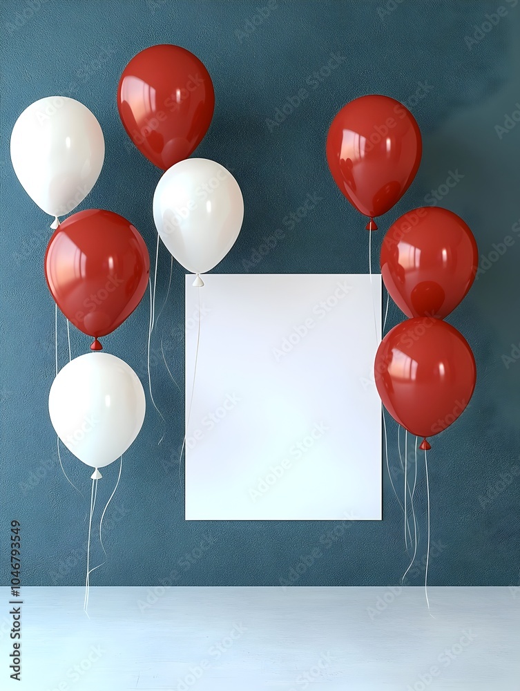 Poster vibrant 3d render of bright red and white balloons arranged playfully on a clean white backdrop capt