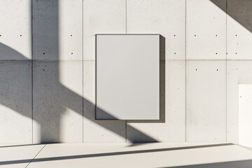 A blank, rectangular sign hangs on a light gray concrete wall. Sunlight streams in, casting shadows across the wall and floor.