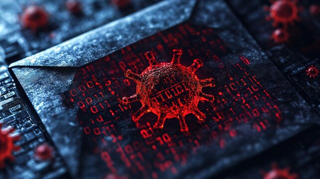 Envelope with a red virus symbol and binary code background