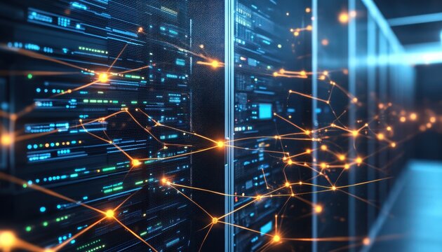 Virtual data center with IT systems and glowing network connections