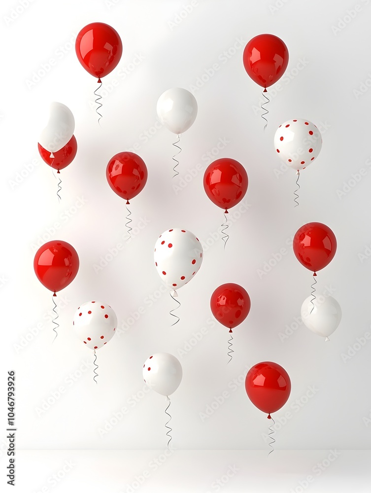 Poster festive floating red and white balloons in a minimalistic 3d design creating a striking and contempo