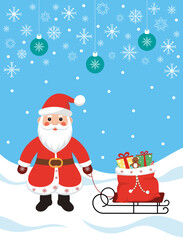 New Year and Christmas card with Santa with presents on sleigh. Winter landscape with children and presents. Vector illustration
