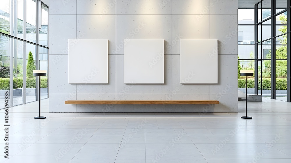 Aufkleber a blank canvas mockup displayed on a clean white wall illuminated by modern sophisticated lamps in a