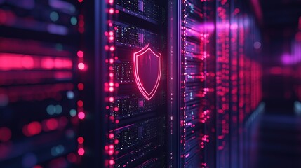 Obraz premium Digital shield icon protecting database servers in a modern tech setup