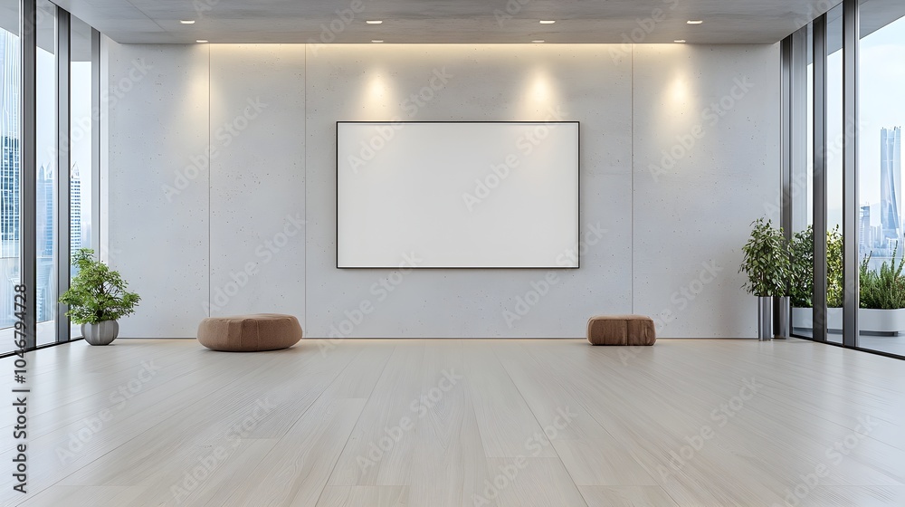 Poster Elegant and luxurious modern room featuring a blank canvas displayed on a sleek wall illuminated by soft spotlights creating a sophisticated and creative interior design concept