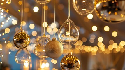 Here are some ideas:  "A beautiful golden Christmas ornament hangs from a string in front of a blurry background of lights.