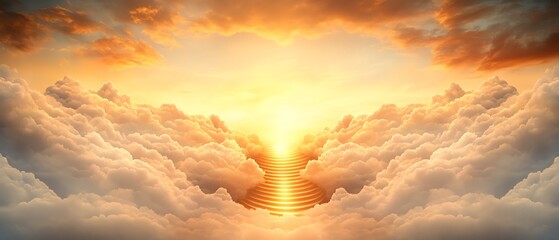 Fototapeta premium Sunset over tranquil ocean and fluffy clouds