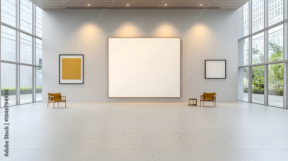 Poster Minimalist blank canvas mockup displayed in a stylish and modern room setting featuring clean lines refined elegance and spotlighted lamps that create a cozy and inviting atmosphere