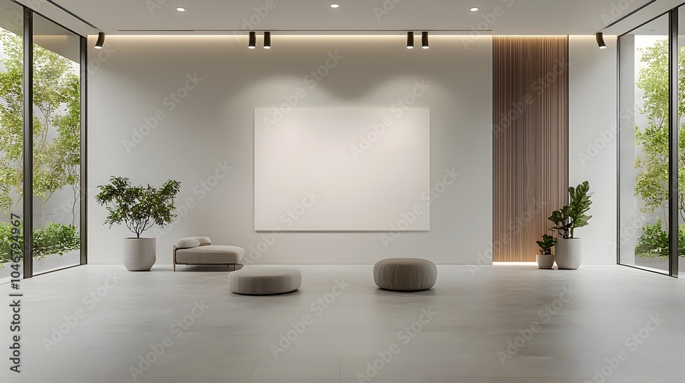 Aufkleber Sophisticated 3D Rendering of an Elegant Minimalist Room with a Blank Canvas Highlighted by Overhead Spotlights Creating a Calm and Contemporary Ambiance