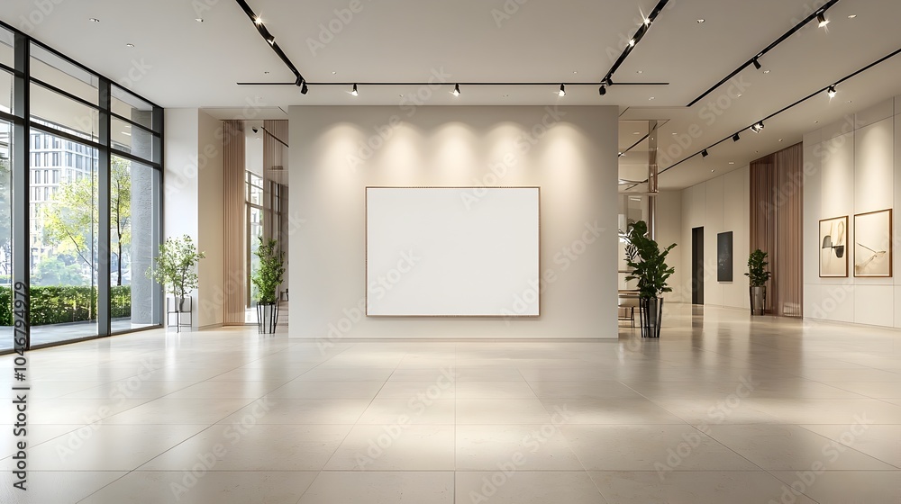 Poster elegant 3d rendered room with blank canvas highlighted by overhead spotlights showcasing a sophistic