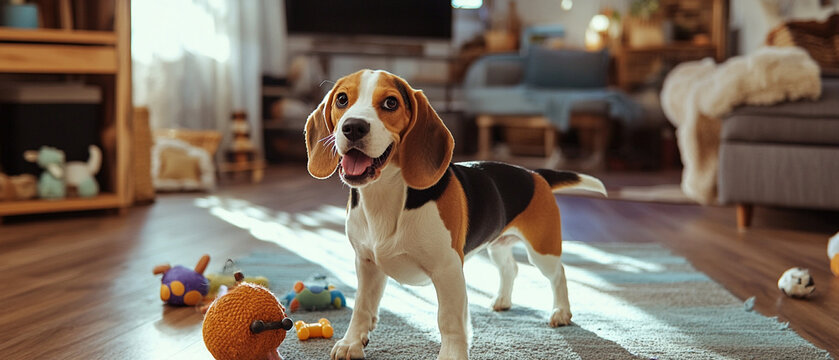 Beagle Dog Enjoying Interactive Treat Toy in Playful Mood