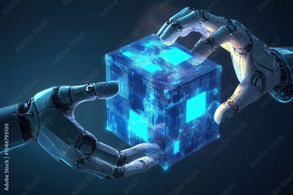 Wall mural two robotic hands holding a glowing blue cube, representing data transfer and innovation.