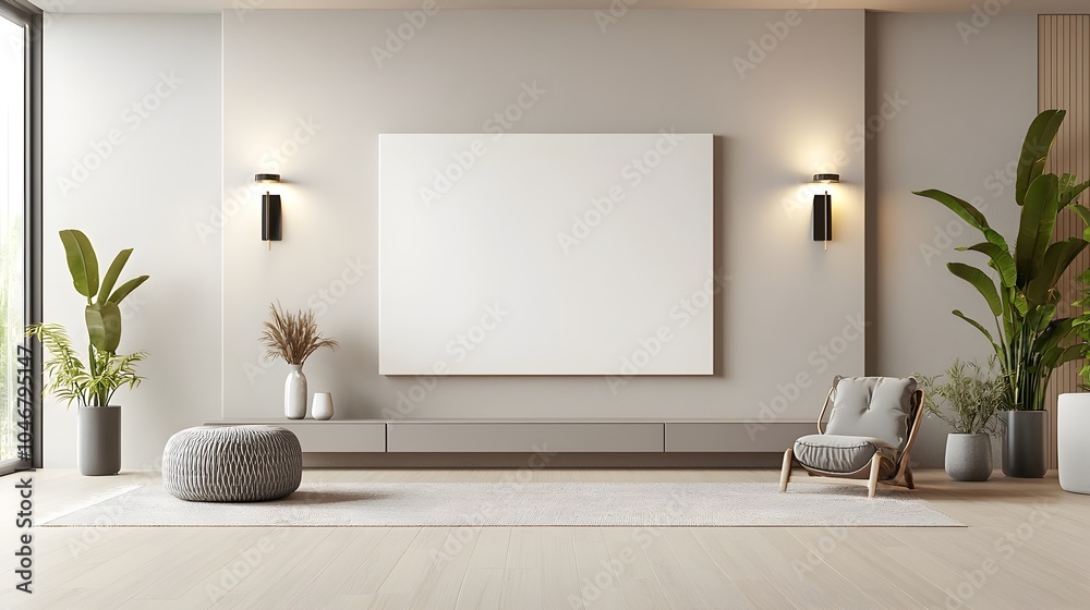 Poster elegant 3d rendered modern interior with a blank canvas hanging on the wall accented by stylish spot