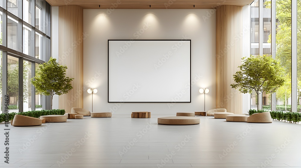 Poster blank canvas displayed in a minimalist modern interior setting with sleek stylish spotlighted lamps 