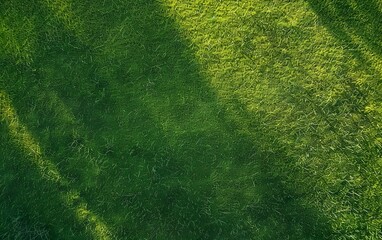 Soccer field background. Mowed lawn, cut grass. Football pitch texture. Top view backyard fresh greenery. Lush nature poster. Drone shot, copy space, aerial view. Green field banner. Bird's eye view
