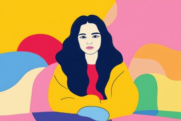 Colorful abstract portrait of thoughtful woman with vibrant background