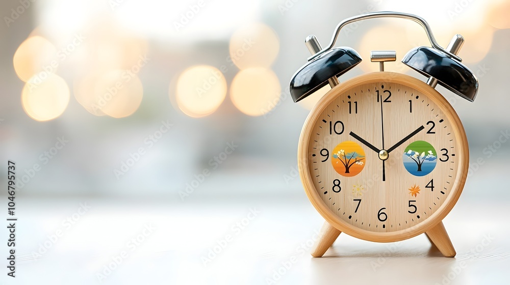 Poster Vintage wooden alarm clock with four seasons represented on its dial glowing in a warm soft bokeh lighting symbolizing the harmony and balance of time and clean energy