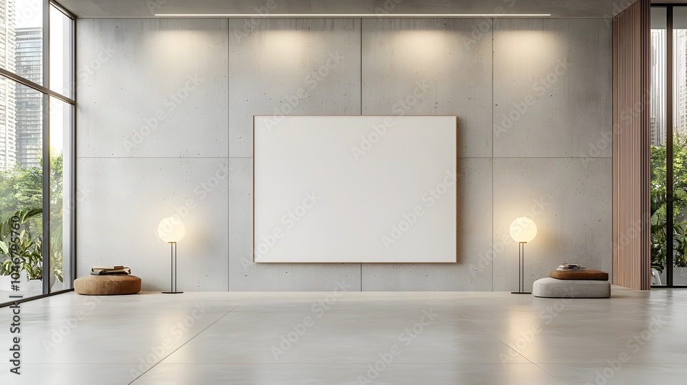 Aufkleber sophisticated minimalist interior design featuring a blank canvas mockup spotlighted by modern lamps