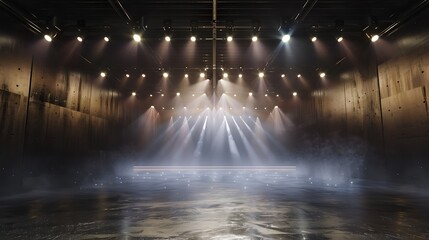 The stage is set for a dramatic performance. The spotlights are shining brightly, and the fog is rolling in.