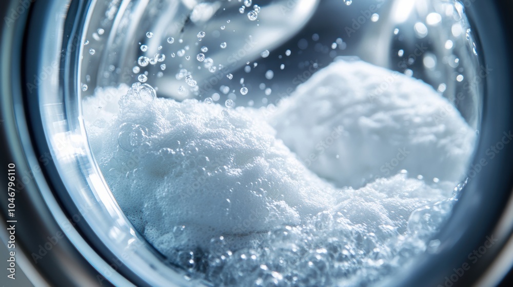 Aufkleber a washing machine drum fills with fluffy white towels while detergent bubbles and water swirl around