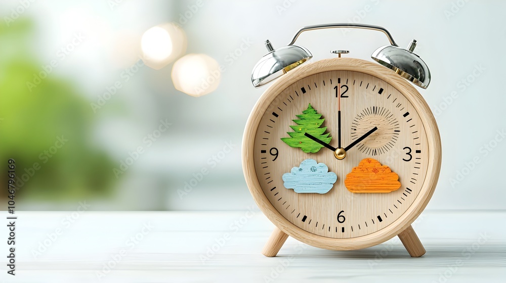 Aufkleber wooden fantasy inspired alarm clock with a design that showcases the four seasons in a soft bokeh fi