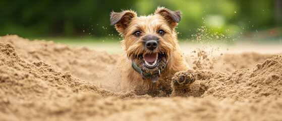 Border Terrier Dog Energetically Digging In A Sandbox - Playful Terrier Pup Having Fun
