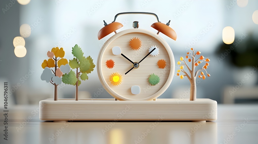 Aufkleber a 3d rendered wooden alarm clock design featuring a seamless transition between the four seasons glo