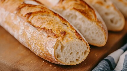 Close-Up of Crispy Sliced French Baguette on Wooden Board