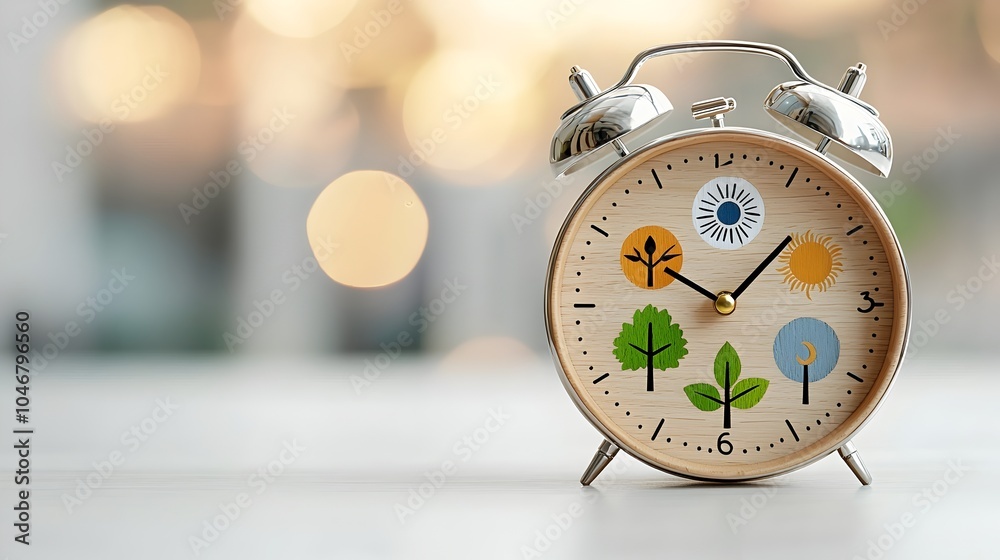 Aufkleber Wooden alarm clock with four season symbols set against a warm glowing bokeh background merging the concepts of time and clean natural energy in a fantasy inspired atmospheric composition