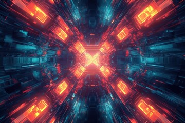 Symmetrical tech fractal pattern with neon accents and sharp details