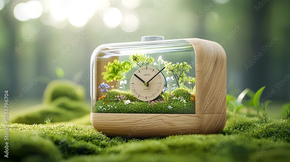 Poster Wooden alarm clock with a captivating bokeh glow that subtly displays the rhythmic changes of the seasons representing the harmony between technology and nature s clean energy