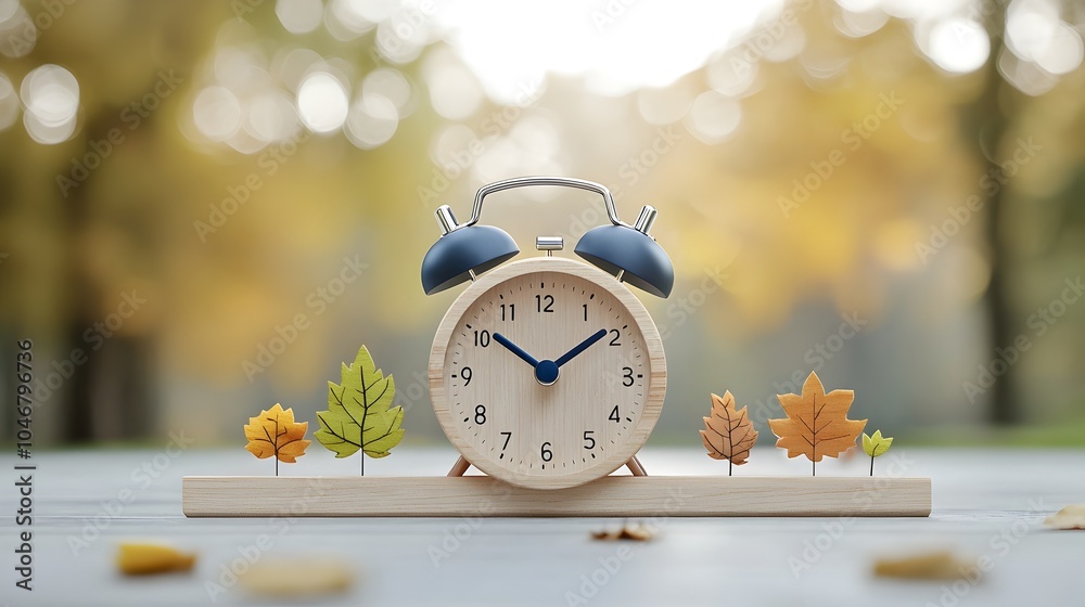 Poster Wooden alarm clock displaying the rhythm of nature through captivating seasonal changes bathed in a serene and enchanting bokeh glow   a timeless