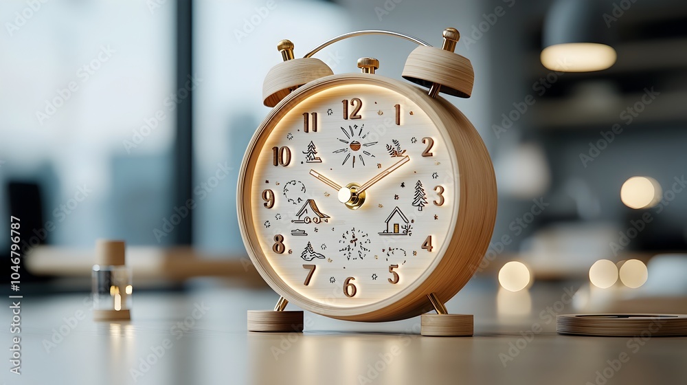 Poster wooden alarm clock with glowing seasonal themes and enchanting bokeh lighting a rustic and cozy time