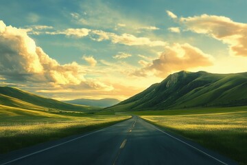 A long, empty road stretches through a valley with rolling hills and a stunning sunset sky.