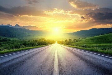 A long, straight asphalt road stretches into the distance with a bright sunset in the background and green hills on either side.