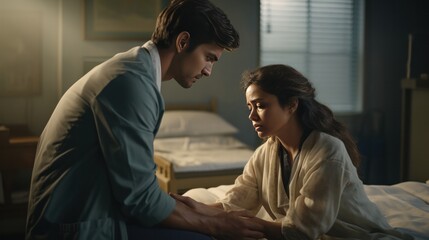photograph of a compassionate female doctor comforting a patient on a hospital