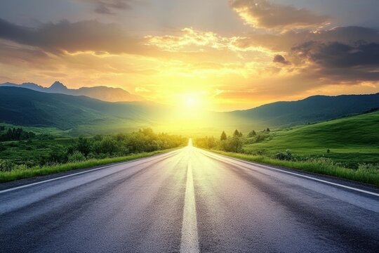 A long, straight asphalt road stretches into the distance with a bright sunset in the background and green hills on either side.