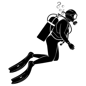 recommend clip art: Scuba diver with underwater equipment vector silhouette isolated on white background 