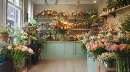 Obraz premium Charming flower shop with rustic decor and vibrant floral arrangements