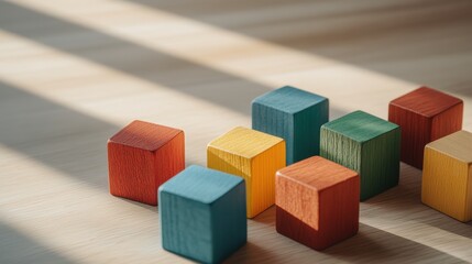 Fototapeta premium Colorful Wooden Blocks Scattered on Playroom Floor