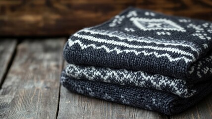 Folded knitted woolen sweater with distinctive black and white pattern on wooden surface