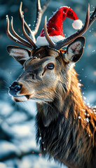 Fototapeta premium Cute Realistic deer wearing a Christmas hat, magical winter decorations, close-up, Xmas ornaments, winter nature scenery, festive animal, snowy forest, snow falling, cozy lights
