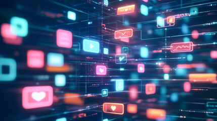Fototapeta premium Vibrant digital interface with floating multimedia icons and connections