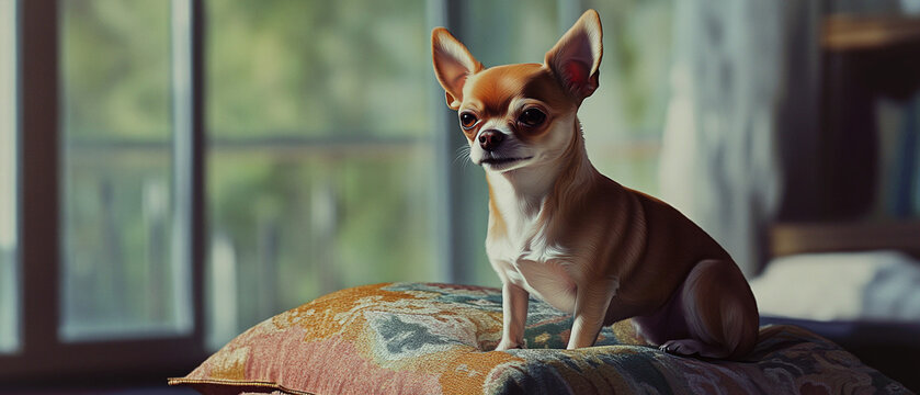 Chihuahua Dog Sitting On A Fancy Pillow Digital Image for Pet Lovers and Home Decor