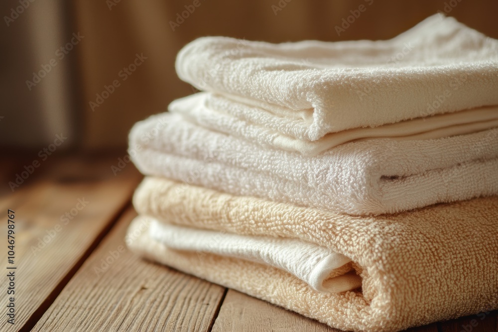 Aufkleber a stack of clean, soft towels in neutral colors rests on a wooden surface, enhancing the warmth of t