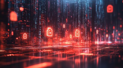 Obraz premium Cybersecurity matrix with floating code locks and shield icons