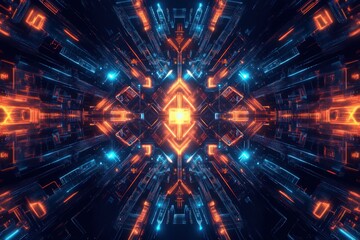 Fototapeta premium Symmetrical tech fractal background with sharp geometric designs and glowing lights