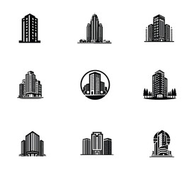 Obraz premium Collection of city buildings logo. Modern building logo set. Building construction template. Icon set